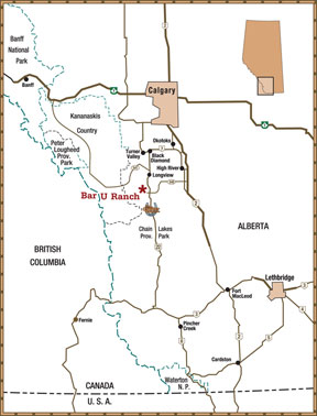 Map showing location of the Bar U Ranch National Historic site - click to enlarge